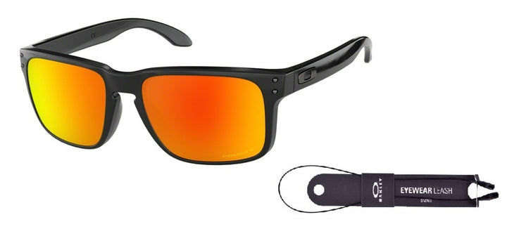 Oakley Holbrook OO9102 9102F1 57M Polished Black/Prizm Ruby Polarized Sunglasses For Men + BUNDLE with Oakley Accessory Leash Kit + BUNDLE with Designer iWear Care Kit