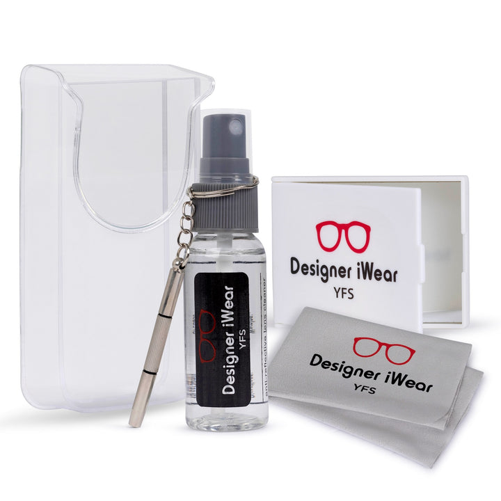 Designer iWear Eyeglass Care Kit with Lens Cleaning Spray, Microfiber Cleaning Cloth, Pocket Mirror and Mini Screwdriver