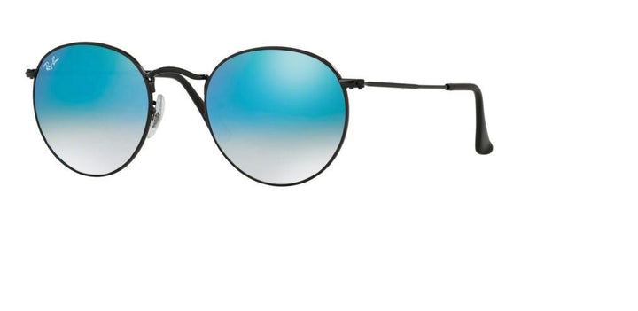 Ray-Ban RB3447 ROUND METAL 002/4O 50M Shiny Black/Mirror Gradient Blue Blue Light Blocking Sunglasses- Reduces Digital Eye Strain, UV Protection For Men For Women + BUNDLE with Designer iWear Eyewear Kit