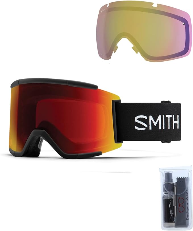 Smith Squad S Coral Riso Print/ChromaPop Everyday Violet Mirror Small fit Ski Goggles for Men for Women + SMITH Spare Clear Lens + BUNDLE with Designer iWear Eyewear Kit