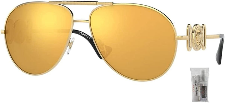 Versace VE2249 10027P 65MM Gold / Brown Mirror Gold Pilot Sunglasses for Men for Women + BUNDLE With Designer iWear Eyewear Kit