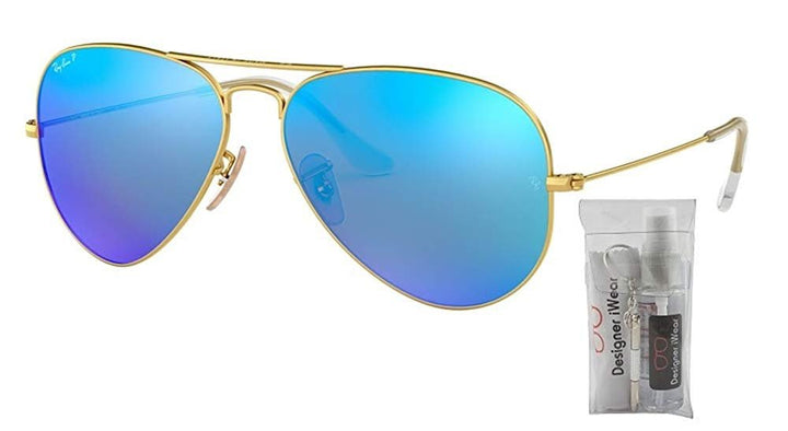 Ray Ban RB3025 AVIATOR LARGE METAL 112/4L 58M Matte Gold/Blue Mirror Polarized Sunglasses For Men For Women + BUNDLE with Designer iWear Eyewear Care Kit